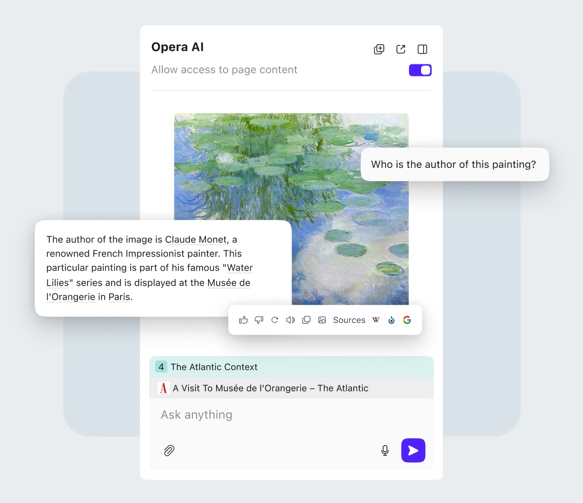 Opera 官方浏览器 AI 功能界面